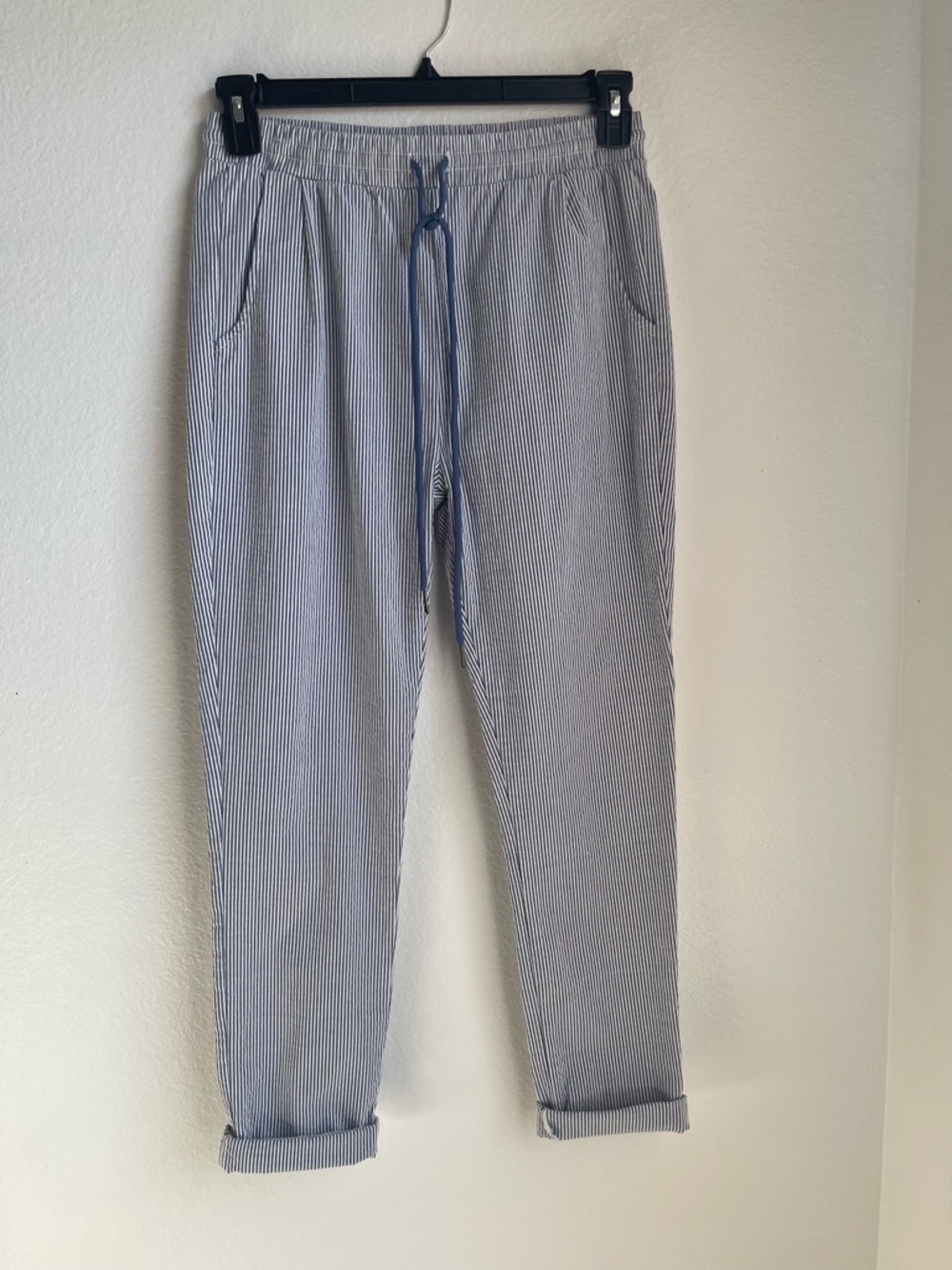 Shinestar Seersucker Light Blue & White Pinstripe Drawstring Pants Size L